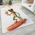 Happy frog wearing sunglasses surfing on a surfboard while holding area rugs carpet