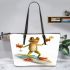 Happy frog wearing sunglasses surfing on a surfboard while holding leaather tote bag