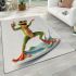 Happy frog wearing sunglasses surfing on a surfboard while holding area rugs carpet