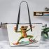 Happy frog wearing sunglasses surfing on a surfboard while holding leaather tote bag