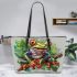 Happy smiling red eyed tree frog sitting on a branch leaather tote bag