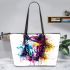 Horse head colorful ink splash and paint drips leather tote bag