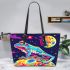 Illustration of a psychedelic frog on the moon leaather tote bag