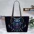 Illustration of owl sitting on dreamcatcher leather tote bag