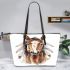 Indian horse with white feathers in its mane leather tote bag
