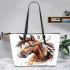 Indian horse with white feathers in its mane leather tote bag