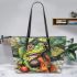 little frog and music notes and violin with leaves Leather Tote Bag