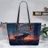 Majestic deer with antlers in a forest at sunset leather totee bag