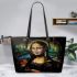 Mona lisa with dream catcher leather tote bag
