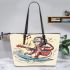 Monkey surfing with electric guitar and headphones leather tote bag