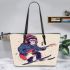 Monkey wearing hat and skiing with electric guitar leather tote bag