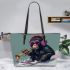 Monkey wearing sunglasses skiing with trumpet leather tote bag