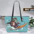 Monkey wearing sunglasses surfing with coconuts leather tote bag