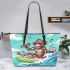 Monkey wearing sunglasses surfing with coconuts leather tote bag