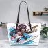 Monkey wearing sunglasses surfing with electric guitar leather tote bag