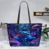 Neon blue frog sitting on top of colorful mushrooms in the forest leaather tote bag