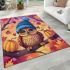 Owl wearing blue winter hat sitting on tree branch surrounded area rugs carpet