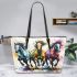 Painting of three horses running in the same direction leather tote bag