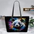 Panda portrait white fur with black and rainbow accents leather tote bag