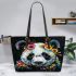 Panda with black and white fur and colorful floral leather tote bag