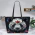 Panda with black and white fur and colorful floral leather tote bag