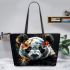 Panda with black and white fur and colorful floral leather tote bag