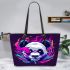 Panda with colorful smoke leather tote bag