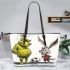 Pigs and yellow grinchy smile toothless like rabbit leather tote bag