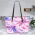 Pink dragonfly pattern vibrant watercolor leather tote bag