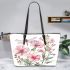 Pink flowers and dragonfly leather tote bag