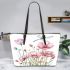 Pink flowers and dragonfly leather tote bag