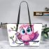 Pink owl on a pure white background with cute big eyes leather tote bag