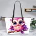 Pink owl on a pure white background with cute big eyes leather tote bag