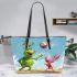 Pinky pigs and grinchy smile toothless playing volleyball leather tote bag