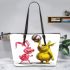 Pinky pigs and yellow grinchy smile toothless like leather tote bag