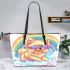 Pomeranian dog wearing sunglasses watching the rainbow leather tote bag