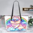 Pomeranian dog wearing sunglasses watching the rainbow leather tote bag