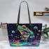 Psychedelic frog sitting on the edge of an alien pond leaather tote bag