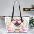 Pug puppy with pink heart sunglasses leather tote bag