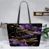 Purple and gold dragonflies leather tote bag