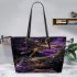 Purple and gold dragonflies leather tote bag