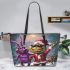 purple grinchy with black sunglass and dancing santaclaus Leather Tote Bag
