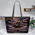 Realistic dragonflies in purple and gold colors leather tote bag