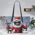 red grinchy with black sunglass and dancing santaclaus Leather Tote Bag