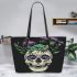 Skull with green frog on top leaather tote bag