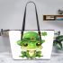 St patrick's day cute cartoon frog wearing leprechaun hat leaather tote bag