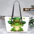 St patrick's day cute frog wearing hat leaather tote bag