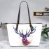 Stag head portrait watercolor splashes leather totee bag