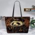 Steampunk panda with top hat and monocle holding leather tote bag