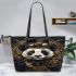 Steampunk panda with top hat and monocle holding golden gears leather tote bag